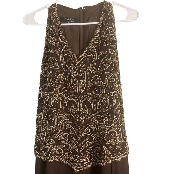 J Kara New York Beaded Evening Gown Dress Size 8 Brown Chiffon Formal Occasion - Picture 2 of 5